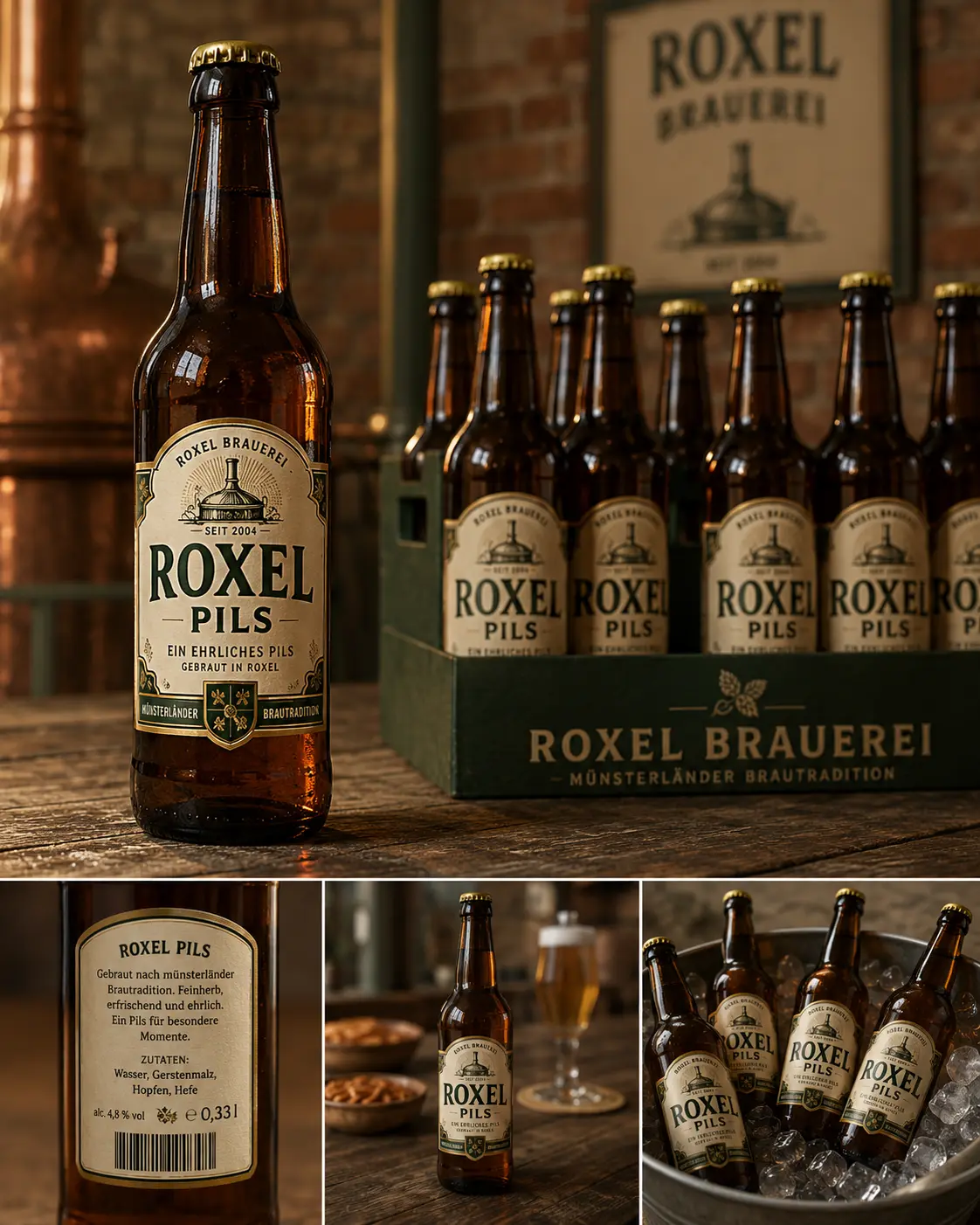 Fan-Mock-up einer Roxel-Pils-Flasche und eines Bierkastens